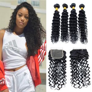 Peruvian Virgin Hair Deep Wave Lace Closure And Hair Weaves Peruvian Deep Curly Cheap Human Hair Weave 4 Bundles With Lace Closure