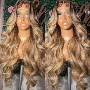 Perruque Lace Front Wig 360 naturelle brésilienne, cheveux naturels à reflets blonds, Body Wave, perruque Full Lace Wig synthétique, pre-plucked, Blonde miel