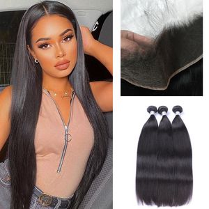 Brazilian Human Hair Wefts With 13*4 Lace Frontal HD Silky Straight 4 Pcs/lot Bundles With Frontals Natural Color