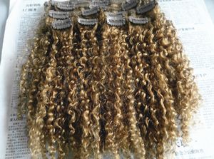 Extensiones de cabello Remy Clip Ins brasileño de la virgen humana Extensiones de cabello rizado rubio oscuro Extensiones de cabello rizado humano rizado doble dibujado Wefted grueso