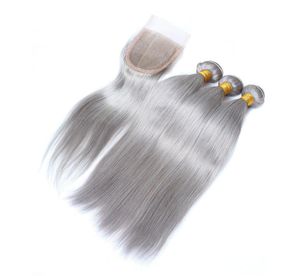 Tissages de cheveux humains brésiliens gris argenté avec fermeture supérieure paquets de cheveux vierges de couleur grise droite offres 3 pièces avec devant en dentelle 4x4 4946141