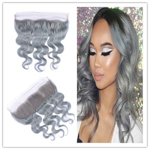 Brazilian Silver Grey Human Hair Ear to Ear Full Lace Frontals 13x4 Body Wave Wavy Lace Frontal Closure Pure Grey Color Bleached Knots