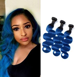 Extensions de Cheveux Vierges Brésiliens 1B/Bleu Ombre Deux Tons Couleur Vague de Corps 100% Cheveux Humains 3 Bundles 1B Bleu