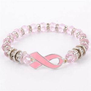 Bracelets de perles de sensibilisation au Cancer du sein, ruban rose, dôme en verre, boutons cabochons, bijoux à breloques, cadeaux pour filles et femmes, 269G
