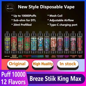 Breze Stiik Puff 10000 Vapes Disposable Puff 10k King Max 10000 Puffs Vaper E Cigarette 20 ml Pod Sous-ohm Mesh Coil DTL Vape Airflow Airmable 12 saveurs