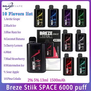 BREZE STIIK SPACE 6000 bouffées de cigarettes électroniques jetables non rechargeables 1500mAh13ml 2% ou 5% de force 6000 bouffées 5 indicateurs LED gardent une trace des vapes de la batterie de l'appareil