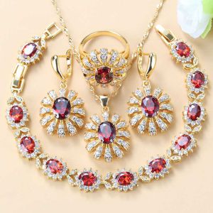 Nuptiale Dubaï Costume De Mariage Or Jaune Couleur Rouge Grenat Zircon Fleur Grand Ensembles De Bijoux Pour Femmes Mode Costume Quatre Pièces H1022