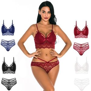 Ropa interior nupcial de lencería ultra sexy sujetador floral de encaje transparente y panty de malla con correas ajustables blancos azul rojo