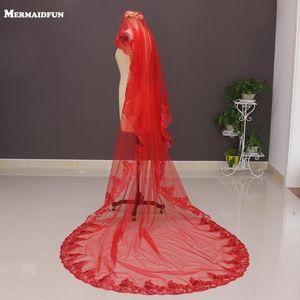 Voile De Mariée 2021 Une Couche De Dentelle Appliques Rouge Long Voile De Mariage Sans Peigne 3 Mètres Voile Mariage