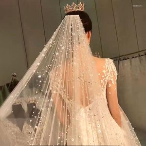 Luxury Cathedral Length Bridal Veil with Rhinestones and Beads, White Wedding Headdress with Comb for Dubai Brides