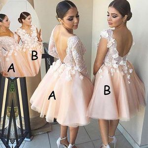 Dama de honor 2021 vestidos cortos con apliques floral 3D mangas largas halter chispeada en cuello tul correas de tul de tul hecha de honor hecha a medida