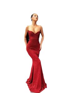 Sirena roja brillante Vestidos de baile Espagueti Lentejuelas Cuello en V Hasta el suelo Vestidos de noche Vestido formal escarlata Vestidos para ocasiones especiales