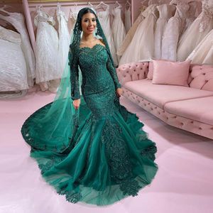 Robes de sirène musulmanes vert foncé brillant sur l'épaule à manches longues robes de mariée perlées balayage train Tulle Abiti Da Sposa 326 326