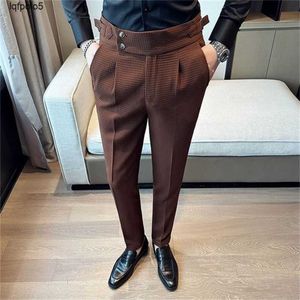 Pantalones de vestir de negocios de cintura alta para hombre de estilo británico, traje Social de oficina de pata de gallo a la moda, pantalones informales para novio de boda 28-36 DM9K DM9K