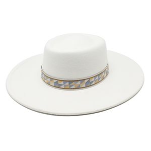 Sombrero de fieltro de lana de estilo británico para hombres y mujeres, sombrero de fieltro de 9,5 CM de ala ancha, gorra plana de Jazz para iglesia, sombreros de vestir elegantes para mujeres