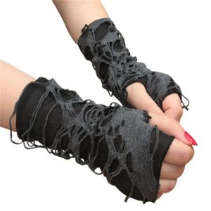 Guantes con hendidura rota, guantes góticos sexis sin dedos, guantes de Halloween, guantes negros con agujeros rasgados, decoración, guantes para juegos de disfraces para adultos