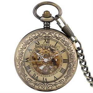 Bronce Vintage Pocket Watch Numerals Roman Skeleton Automático Mecánico Menores Mujeres Self-Winding Reloj Fob Cadena colgante