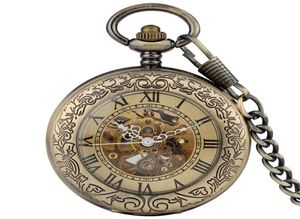 Bronce Vintage Pocket Watch Roman Numerals Skeleton Automatic Mechanical Watches Hombres Mujeres Autowinding reloj Fob Cadena de colgante2982360657