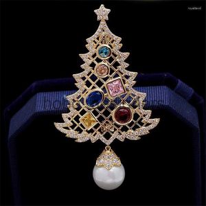 Broches Árbol de Navidad Broche de perlas Cubic Zirconias Pins Joyería Colorido Rhinestone para mujeres Regalo Abrigo Jwellery X0814