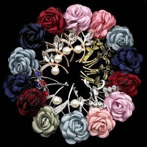 Broches Tissu Art Tissu Fleur Broche Broche Mariée Marié Mariage Fait Main Bouquet Rose Cristal Cardigan Chemise Châle Costume Corsage Accessoire