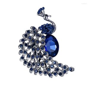 Broches de pavo real de cristal azul de lujo para mujeres y hombres, traje de boda, alfileres de animales, joyería de diamantes de imitación, accesorios de ropa, regalo