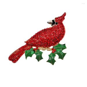 Broches Pedido pequeño Cardenal rojo grande en rama de flor de pascua fundido a mano con broche de Navidad de cristal