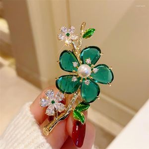 Broches Superamericano francés Vintage de alto tacto cristal verde flor broche ramillete mujeres lujo atmosférico circón Pin