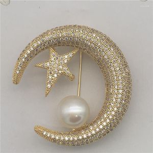 Broches en gros Style séduisant autriche Zircon incrusté étoiles forme de lune FW blanc perle broche écharpe Clips broche pendentif