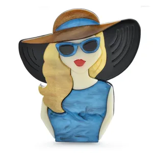 Broches Wulibaby acrílico hermosa dama para mujer 3 colores gafas sombrero chica moderna figura fiesta Oficina broche Pins regalos