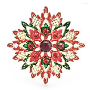 Broches Wulibaby belleza flor roja para mujer Unisex esmalte año plantas de Navidad fiesta broche de oficina Pins regalos