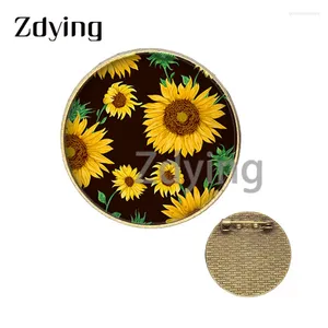 Broches Zdying Sunflower Yellow Flower 30 mm Badge Glass Po Cabochon Dome Antique Silver / Bronze Color Metal Pins RE037