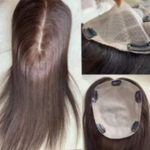 Clip marrón en base superior de seda para mujeres 15x16 CM Largo ondulado Virgen Cabello humano Topper Pieza de cabello transpirable para adelgazar el cabello natural negro marrón 3 colores