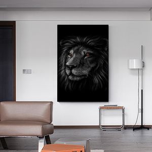 Póster de pintura en lienzo negro de León con ojos marrones, impresión nórdica, cuadro de arte de pared para sala de estar, decoración de pared para el hogar, sin marco