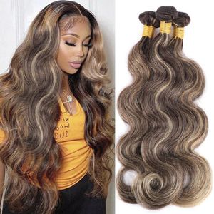 Tissage en lot brésilien naturel Remy Body Wave à reflets bruns, cheveux humains ondulés, blond ombré, cousu en couleur Piano, lots de 3