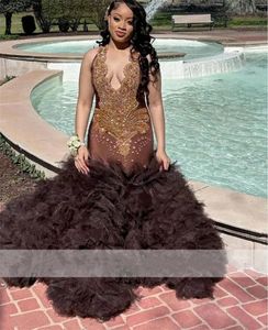 Robe de bal longue marron avec diamants scintillants, perles, cristaux et strass, volants à plusieurs niveaux, robes de fête d'anniversaire pour fille noire, 2024
