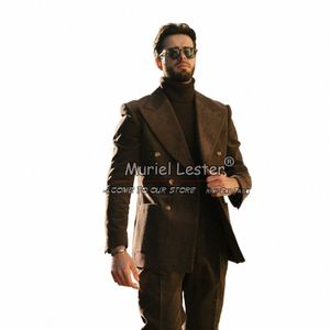 Marrón Hombre Trajes de pana Doble botonadura Blazer Pantalones 2 piezas Novio Boda Esmoquin A medida Busin Oficina Chaqueta Hombre Dr x3kE #