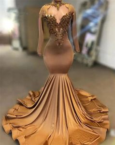 Robe De Bal longue marron à col rond pour filles noires, tenue De fête d'anniversaire en cristal et perles dorées, Robe sirène formelle