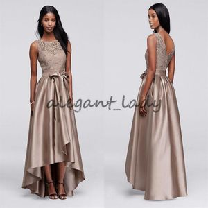 Robe en dentelle à sequins marron avec jupe mikado Mère de la mariée Robes de mariée High Low Jewel Femmes Robe de soirée formelle avec nœud 187p