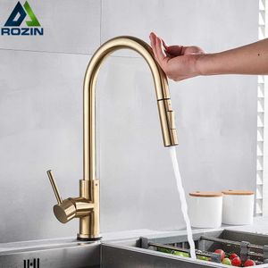 Brushed Golden Kitchen Faucets Smart Touch Induction Sensitive Faucet Mixer Tap Touch Dual Outlet Water Modes 210719