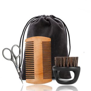 Brosses soins outils de coiffure produits capillaires 3 pièces peigne à barbe en bois et brosse à poils naturels avec ensemble de ciseaux pour hommes