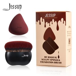 Jessup Pinceau de fond de teint avec éponge de maquillage, pinceau de maquillage noir, pinceau Kabuki à dessus plat pour mélange de liquides, pointillés, T881