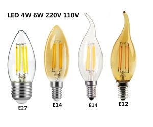 Ampoules LED Edison Filament Candle Blubs Light Golden C35 C35L 2W 4W 6W Blanc Chaud Dimmable E14 E12 E27 220V 110V Pour Crystal LightLED