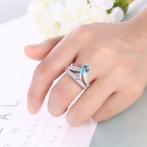 Granel 3 unids/lote joyería de regalo de vacaciones gota única cielo azul topacio cristal gemas Rusia 925 plata esterlina plateada EE. UU. Weddiing Party Ring