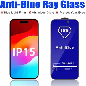 Protecteur d'écran de téléphone en verre trempé à couverture complète 10d anti-lumière bleue pour iphone 15 14 13 12 11 mini pro max xr xs 6 7 8 Plus Samsung A14 a24 a34 a54 film antireflet