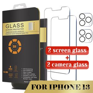 Lot de 2 protecteurs d'écran et verre de caméra pour Iphone 14 13 12 Pro Max 11 XR XS 8PLUS X verre trempé avec boîte