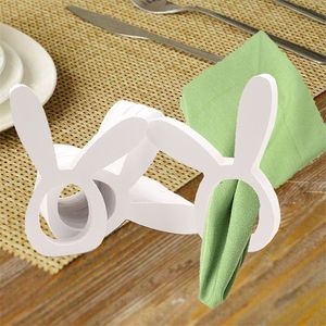 Anillos de servilleta con orejas de conejo, servilletero con orejas de conejo de madera pintada DIY para tarjetas de lugar de conejito de Pascua, accesorios de decoración de mesa de fiesta blanca