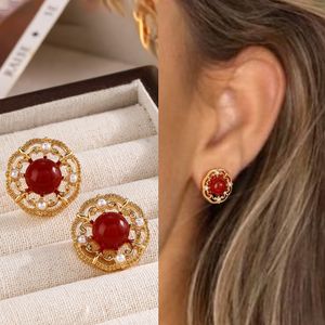 Boucles d'oreilles en pierre d'agate bordeaux pour femmes, style palais élégant, boucles d'oreilles en perles haut de gamme, simples et élégantes