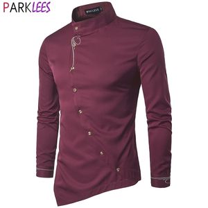 Burgoundy Red Mens Dress Shirts Marca Cuello con bandas de bordado de diseño irregular Camisa de la fiesta de la fiesta de la fiesta de la fiesta de la fiesta 210522