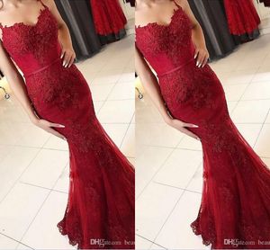 Bury Lace Sexy Mermaid Prom Dresses Long Spaghetti Straps Appliques Boaded Night Party Wear Wear Ogstuff Vestidos