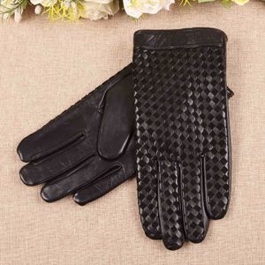 Gants en cuir véritable pour hommes d'affaires, de haute qualité, en peau de chèvre, en velours thermique, à carreaux tissés à la mode, automne-hiver, EM019NC